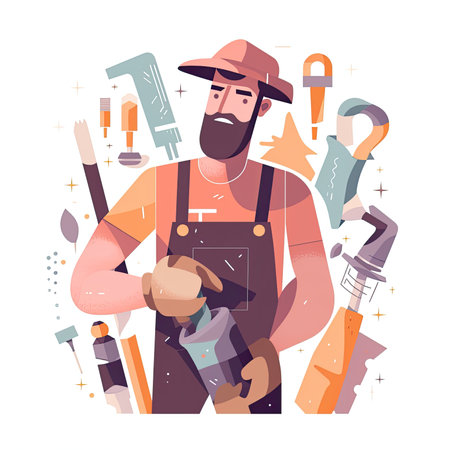 Carpenter, handyman, handyman in apron. vector illustration. Vector illustration in a flat style, website clipartの素材