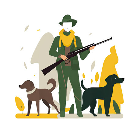 Hunter with hunting rifle and dog. Vector illustration in flat style. Vector illustration in flat style, website clipart artの素材