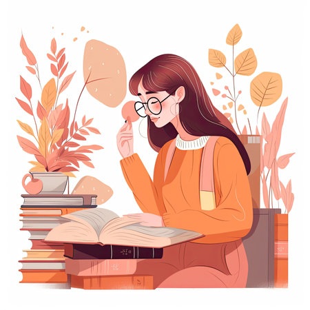 Vector illustration of a young woman in glasses reading a book, sitting at the table in the library. Vector illustration in a flat style, website clipartの素材