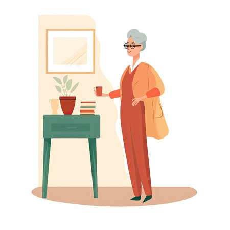 Elderly woman with cup of coffee at home. Flat vector illustration. Vector illustration in a flat style, website clipartの素材