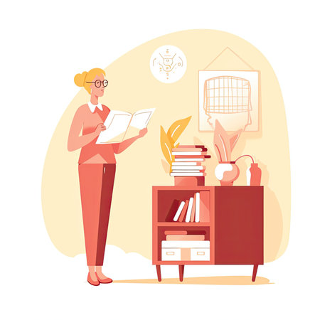 Woman reading a book at home. Flat vector cartoon character illustration. Vector illustration in a flat style, website clipartの素材