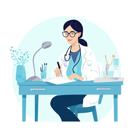 Female doctor sitting at desk and writing in notebook. Flat style vector illustration. Vector illustration in a flat style, website clipartの素材