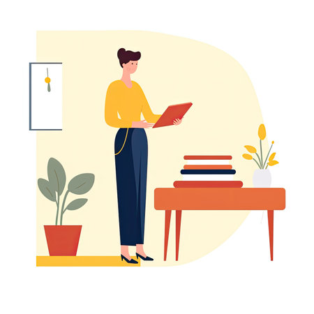 Woman working at home office with laptop. Vector illustration in flat style, website clipart artの素材