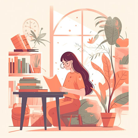 Girl reading a book at home. Vector illustration in flat style. Vector illustration in a flat style, website clipartの素材