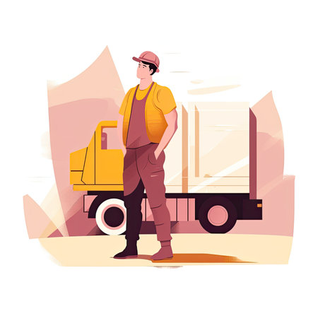 Vector illustration of delivery man standing in front of the truck. delivery service concept. Vector illustration in a flat style, website clipartの素材