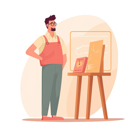 Artist in apron standing near easel and painting on canvas. Art, hobby, creativity concept. Vector illustration in cartoon. Vector illustration in a flat style, website clipartの素材