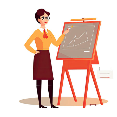 Business woman in eyeglasses standing near blackboard with graph on it vector illustration. Vector illustration in a flat style, website clipartの素材