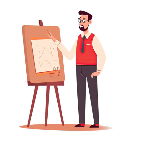 Artist man drawing a picture on easel. Vector illustration in cartoon style. Vector illustration in a flat style, website clipartの素材