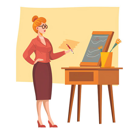 Female teacher drawing on easel. Vector illustration in cartoon style. Vector illustration in a flat style, website clipartの素材