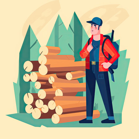 Man lumberjack standing near a pile of wood. Vector flat cartoon illustration. Vector illustration in a flat style, website clipartの素材