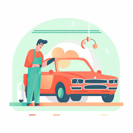Car wash concept vector illustration. Cartoon flat car wash worker in uniform standing near car. Vector illustration in a flat style, website clipartの素材