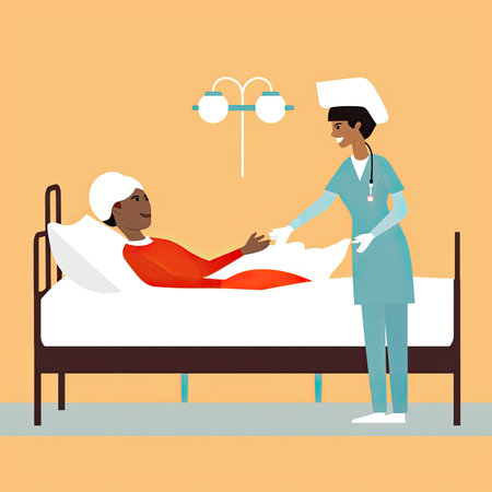 Nurse and patient in hospital bed. Flat style vector illustration. Vector illustration in a flat style, website clipartの素材