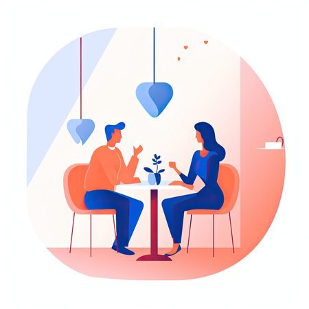 Couple in love sitting at a table in a cafe. Man and woman sitting at the table and talking. Vector illustration in a flat style, website clipartの素材