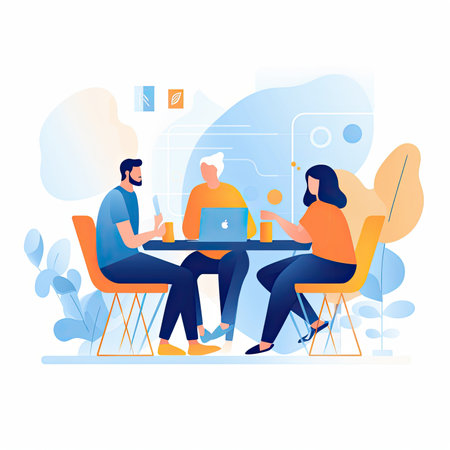 Coworkers working on laptops and tablets in coworking space. Teamwork, teamwork concept. Modern flat vector illustration. Vector illustration in a flat style, clipart website artの素材