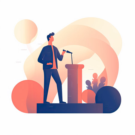 Businessman speaking from tribune. Businessman standing on podium with microphone. vector illustration. Vector illustration in a flat style, clipart website artの素材