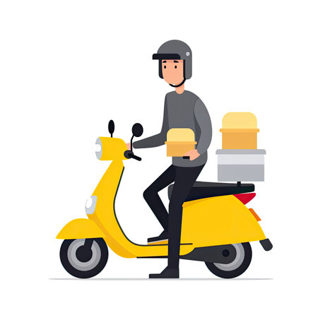 Delivery man on scooter. Vector illustration in a flat style. Vector illustration in a flat style, clipart website artの素材
