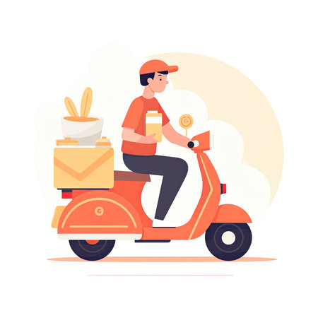 Delivery man on scooter delivering food. Vector illustration in flat style. Vector illustration in a flat style, clipart website artの素材