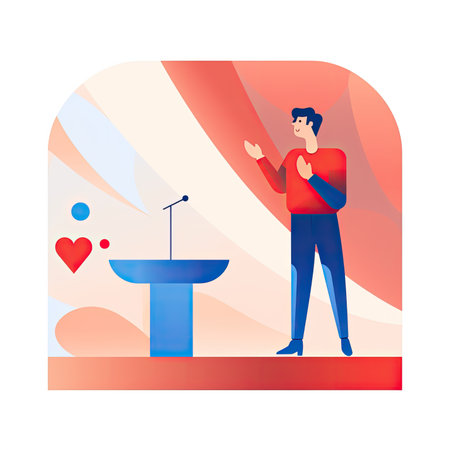 Vector illustration of man speaking on podium with microphone in flat design style. Vector illustration in a flat style, clipart website artの素材