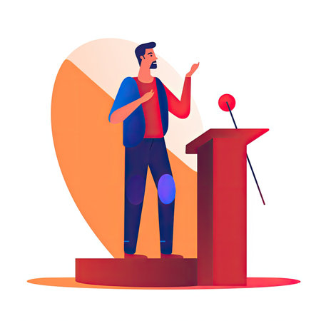 Vector cartoon illustration of a man speaking from tribune or podium. Vector illustration in a flat style, clipart website artの素材