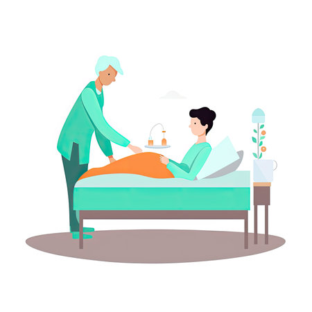 Doctor and patient in hospital bed. Vector illustration in flat style. Vector illustration in a flat style, clipart website artの素材
