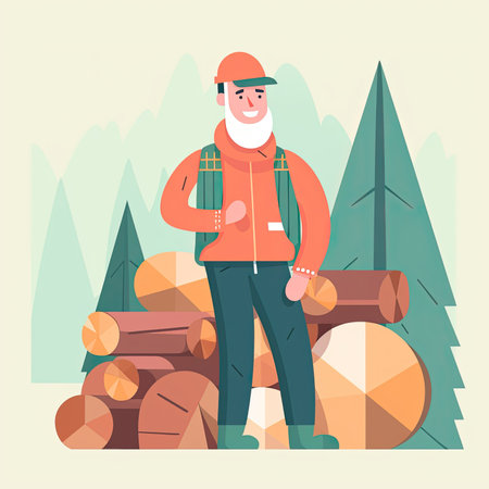 Vector illustration of lumberjack in hat and jacket standing near pile of logs. Vector illustration in a flat style, clipart website artの素材