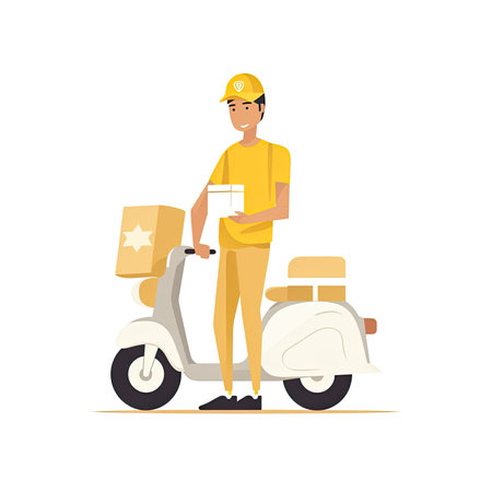 Delivery man with boxes on scooter. Vector illustration in flat style. Vector illustration in a flat style, clipart website artの素材