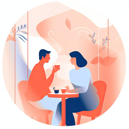 Vector illustration of a man and woman drinking coffee in a cafe. Vector illustration in a flat style, clipart website artの素材
