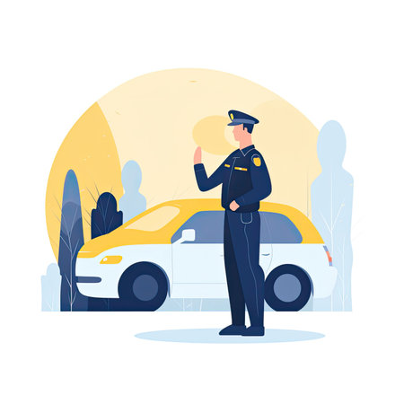 Police officer in uniform standing near the car. Flat vector illustration. Vector illustration in a flat style, clipart website artの素材