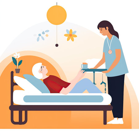 Elderly woman lying in bed and having a cup of coffee. A nurse with a cup of coffee. vector illustration. Vector illustration in a flat style, clipart website artの素材