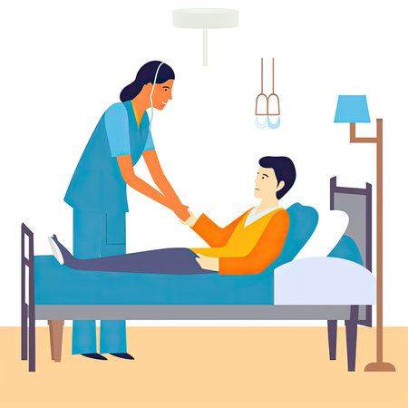 Patient lying in hospital bed and doctor taking care of patient. vector illustration. Vector illustration in a flat style, clipart website artの素材