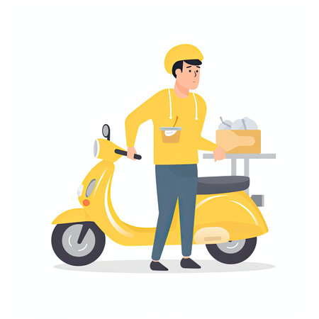 Courier in uniform delivering food to customer on scooter. delivery service concept. Vector illustration in flat style. Vector illustration in a flat style, clipart website artの素材
