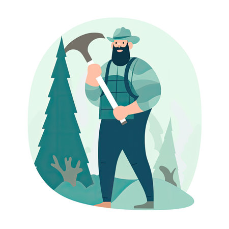 Lumberjack with ax in the forest. Vector illustration in flat style. Vector illustration in a flat style, clipart website artの素材