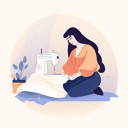 Woman seamstress working on sewing machine. Vector illustration in flat styleの素材