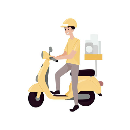 Courier in helmet and uniform on scooter delivering food vector Illustration isolated on a white background. Vector illustration in a flat style, clipart website artの素材