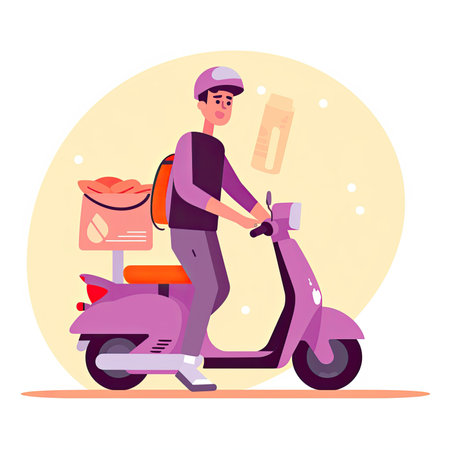 Courier in uniform delivers food on scooter. delivery service. vector illustration. Vector illustration in a flat style, clipart website artの素材