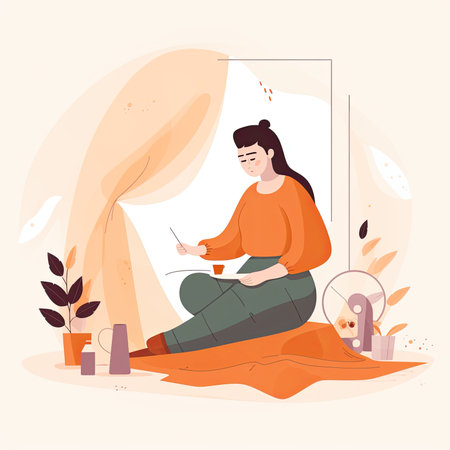 Young woman knitting in her living room at home. vector illustration. Vector illustration in a flat style, clipart website artの素材
