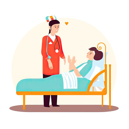 Nurse and patient in hospital bed. Vector illustration in flat style. Vector illustration in a flat style, clipart website artの素材