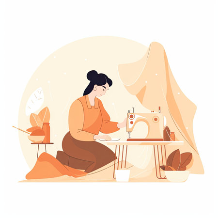 Woman seamstress sitting at the table with sewing machine. vector illustration. Vector illustration in a flat style, clipart website artの素材