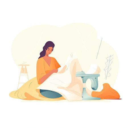 Woman seamstress working with sewing machine in her workshop. Colorful flat vector illustration. Vector illustration in a flat style, clipart website artの素材