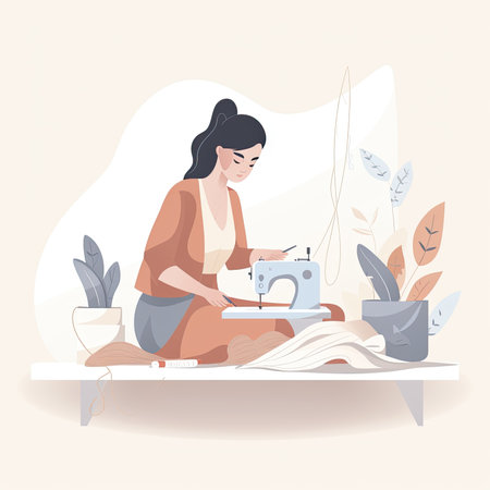 Woman sews on a sewing machine. Vector illustration in flat style. Vector illustration in a flat style, clipart website artの素材