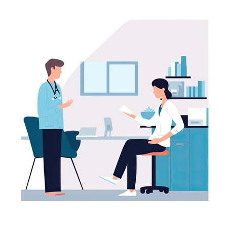 Male doctor talking to female patient in office vector illustration graphic design. Vector illustration in a flat style, clipart website artの素材