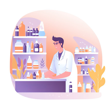 Male pharmacist standing at the counter in drugstore. Vector illustration in flat style. Vector illustration in a flat style, clipart website artの素材