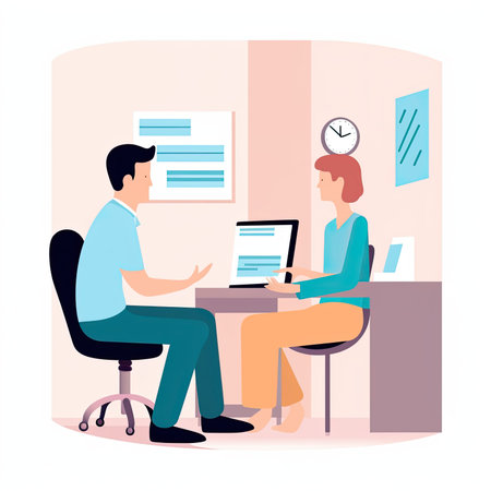 Man and woman sitting at desk in office and working with laptop. Man and woman working together. Freelance, remote job, telecommuting concept. . Vector illustration in a flat styleの素材