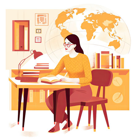 Female student sitting at the desk with a book in her hands. vector illustration. Vector illustration in a flat style, clipart website artの素材