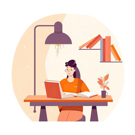 Woman sitting at desk and reading a book. student studying at home. Flat style vector illustration. Vector illustration in a flat styleの素材