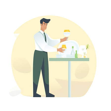 Businessman serving wine in a restaurant. Vector illustration in flat style. Vector illustration in a flat styleの素材