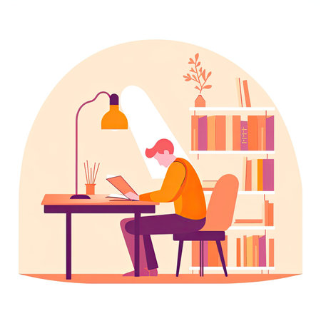Man working at home, sitting at desk and using laptop. Flat vector illustration. Vector illustration in a flat styleの素材