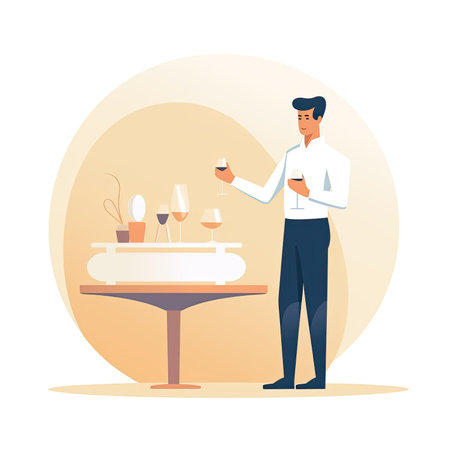Waiter serving wine in a restaurant. Vector illustration in flat style. Vector illustration in a flat styleの素材