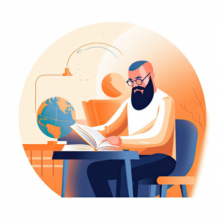 Teacher with a book and globe. Vector illustration in flat style. Vector illustration in a flat styleの素材