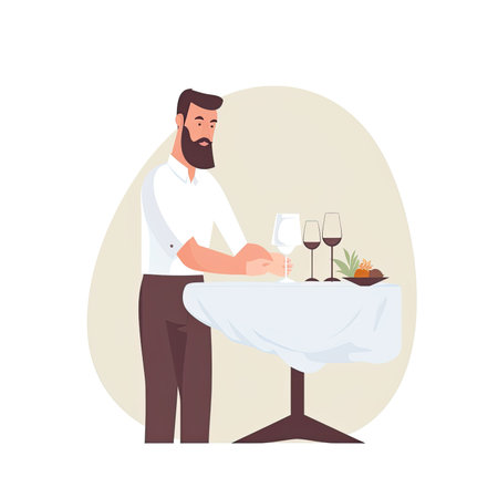 Handsome bearded waiter serving wine in a restaurant. vector illustration. Vector illustration in a flat styleの素材